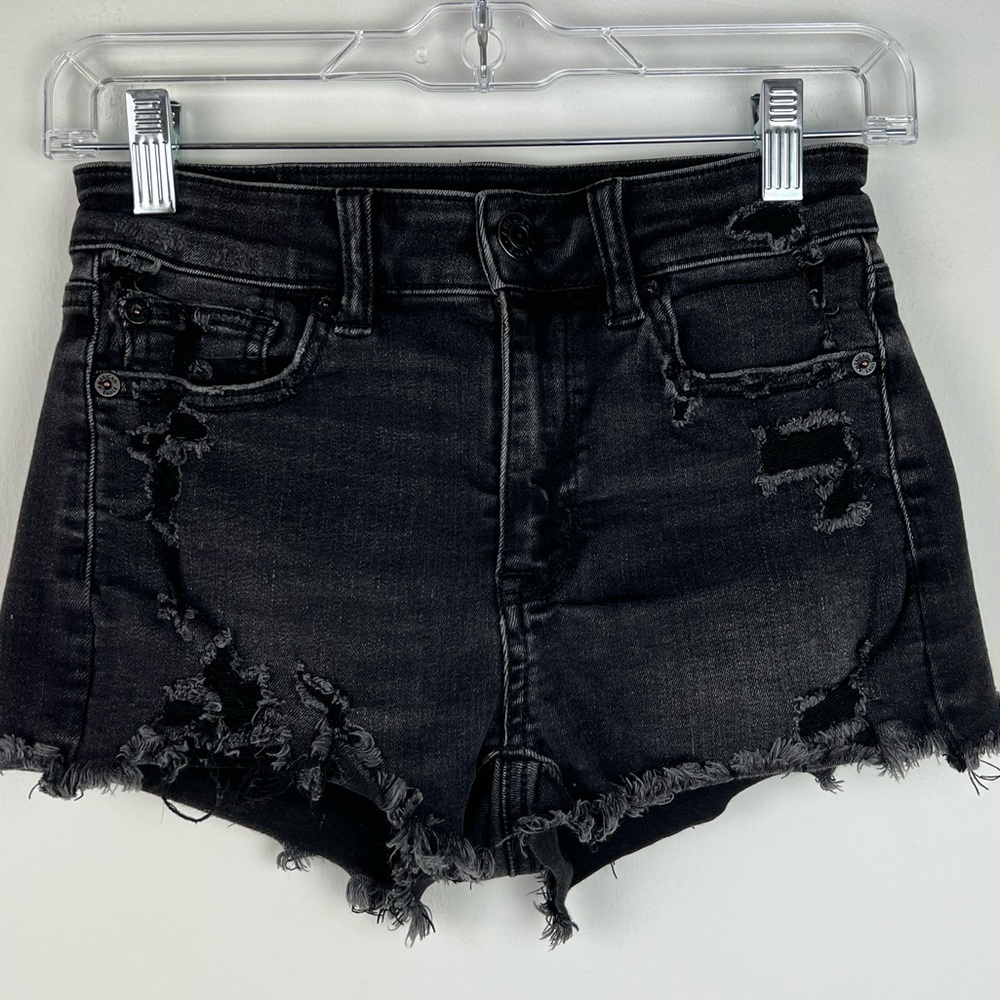 American Eagle Black Next Level Stretch Distressed Hi-Rise Shortie Shorts Size 0